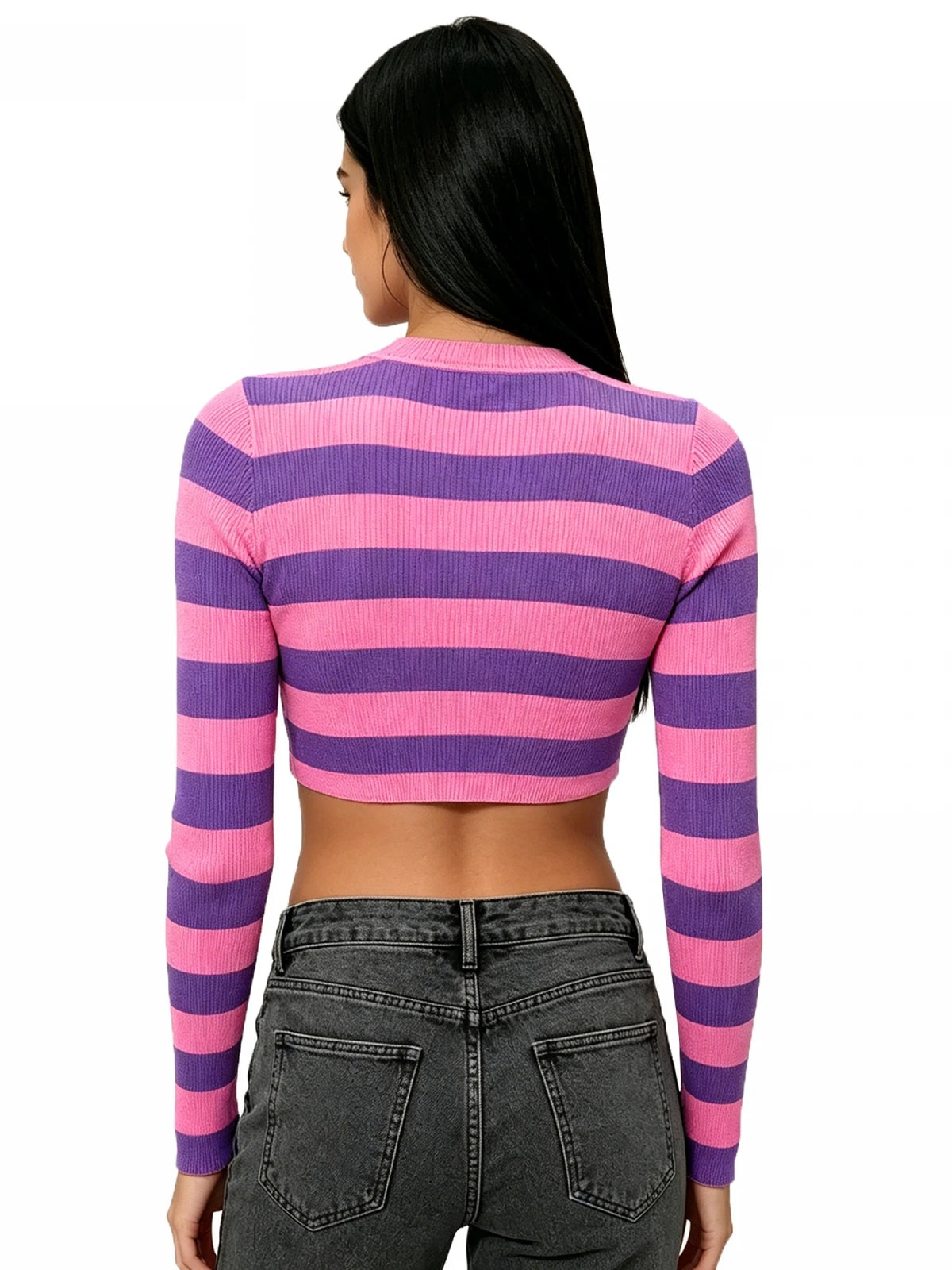 Cheshire Cat Purple and Pink Striped Cropped Sweater Rib-Knit Long Sleeve T-Shirt