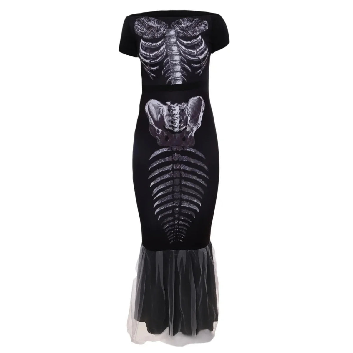 Gothic Mermaid Skeleton Dress Halloween Long Off-Shoulder Black Evening Gown Costume