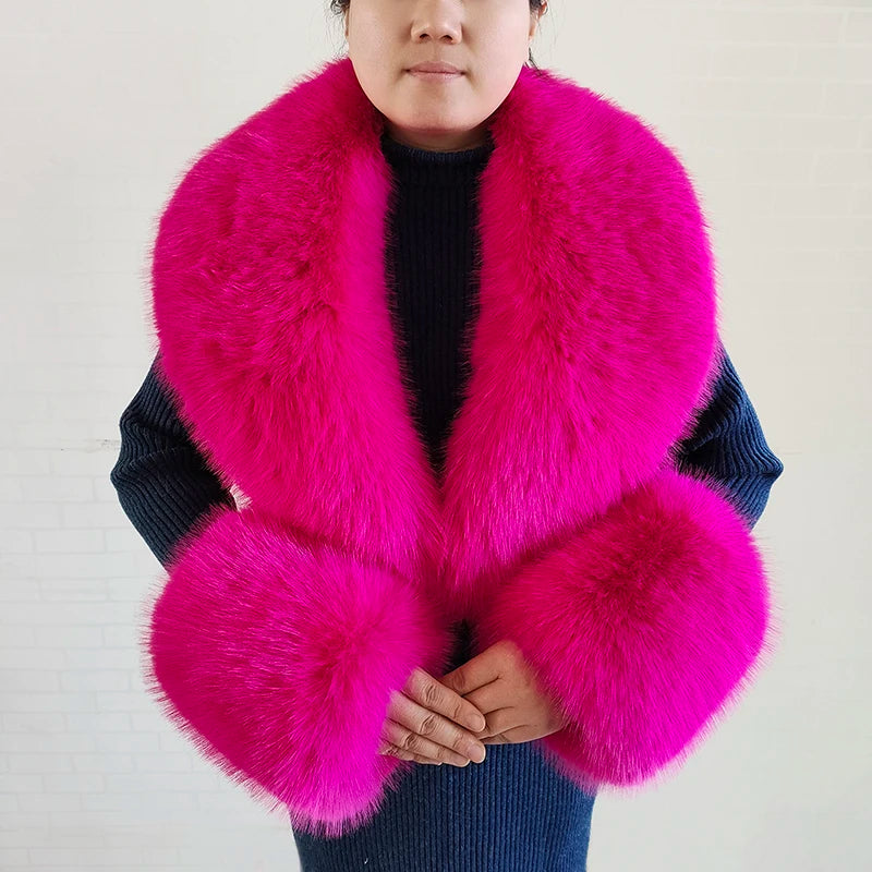 Large Faux Fox Fur Scarf Winter Warm Fluffy Collar And Cuff Sets 19 Colours