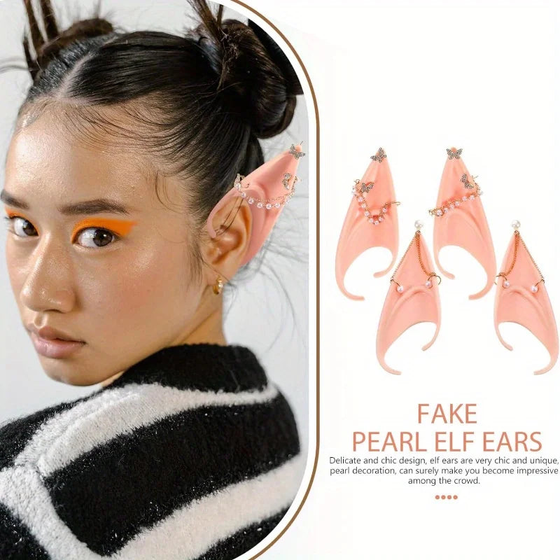 Two Pairs of Elf Ears with Pierced Earrings Cosplay Soft Latex Ear Cuffs