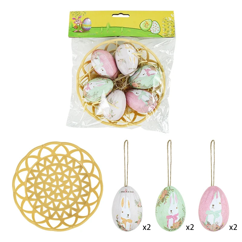 6Pcs Foam Easter Eggs Hanging Ornaments With Basket