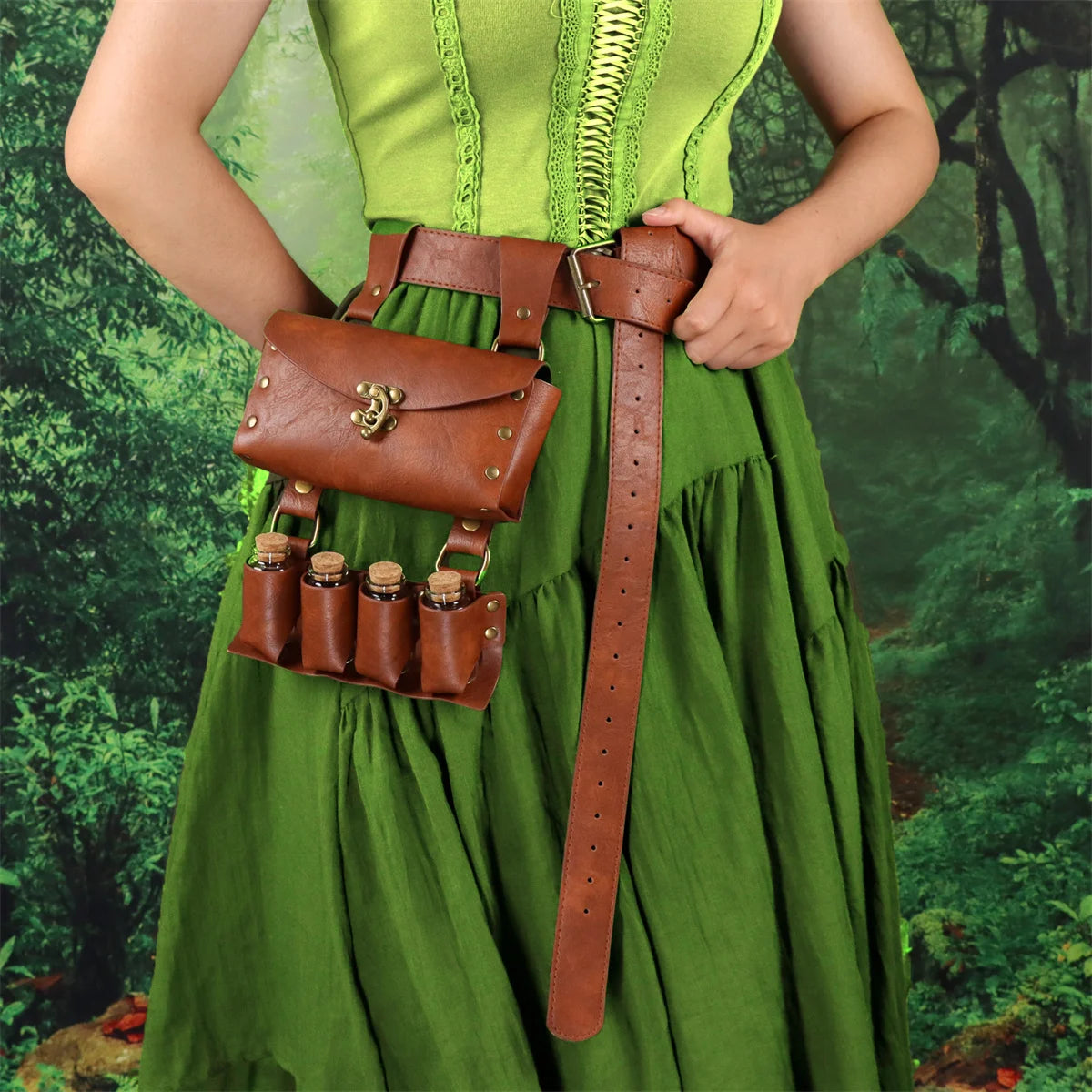Renaissance Alchemist Leather Belt Medieval Wizard Alchemy Glass Magic Bottle Waist Bag Cosplay Belt