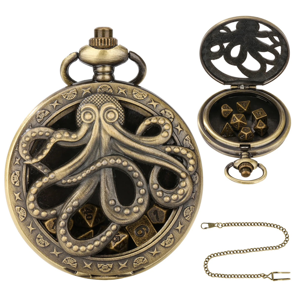 Brass DND Dice Case Vintage Cthulhu Pocket Watch One Eyed Octopus Pocket Watch Style Case