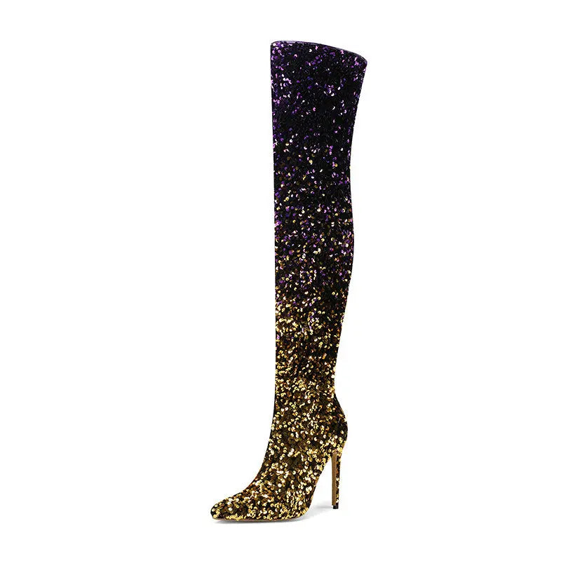 Galaxy Thigh High Boots Gradient Sequin Stretch Boots 11CM Heels