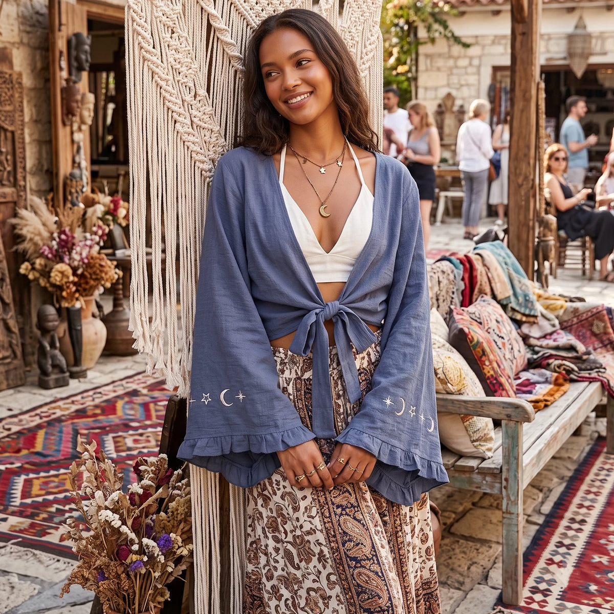 Boho Star Moon Embroidered Short Kimono Wrap Top Ruffled Flare Sleeves Cover-ups