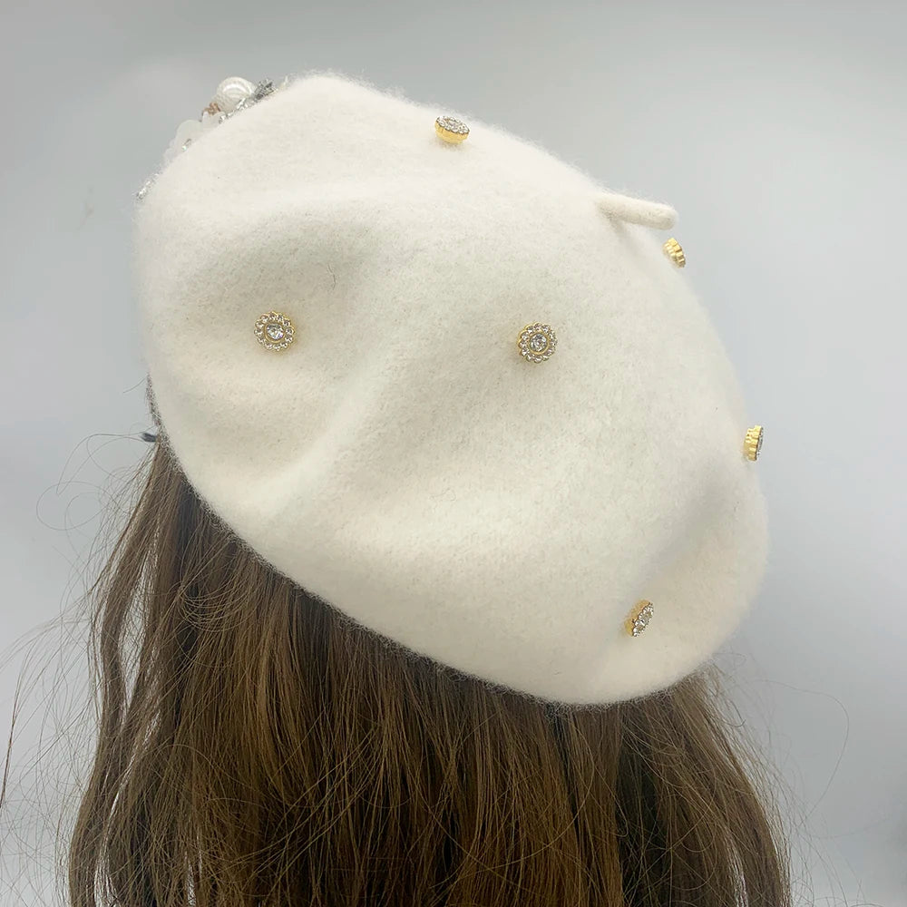 Margie's Flower Diamonte Winter Autumn Beret 10 Colours