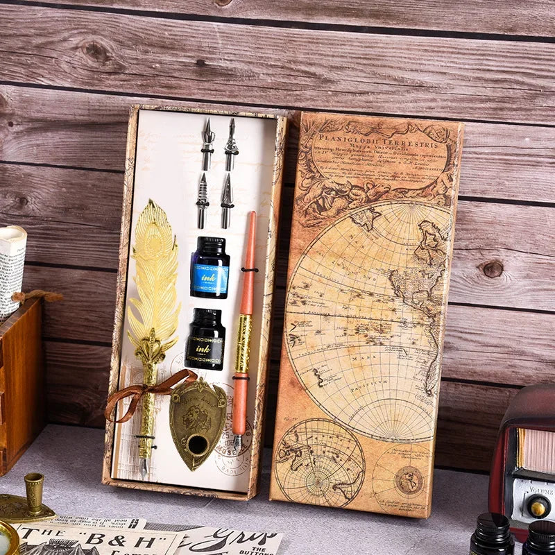 Golden Feather Quill Pens Set Dip Fountain Pens Ink Stationery Writing Gift Box Sets