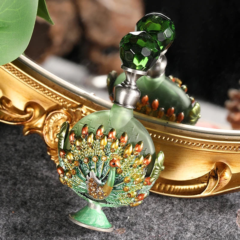 7ml Peacock Refillable Empty Perfume Bottle Metal Enamel Emerald Green Glass Cap Dripper