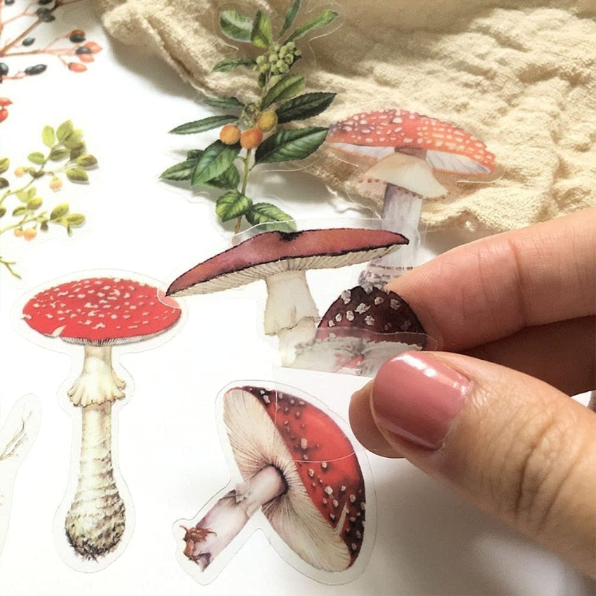 80 PCS Mushrooms Plant Stickers Set PET Transparent Nature Stickers for Scrapbooking