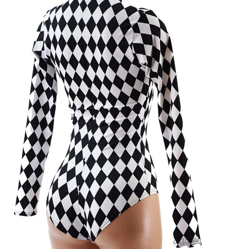Black White Argyle Print Long Sleeve Bodysuit Retro Cosplay High Neck Swimsuit Music Club Party Performance Costume