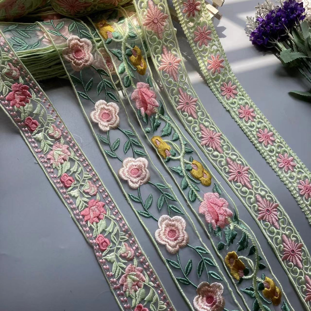 Pale Green & Pinks Embroidered Lace Ribbon DIY Crafts 1 Yard 5cm