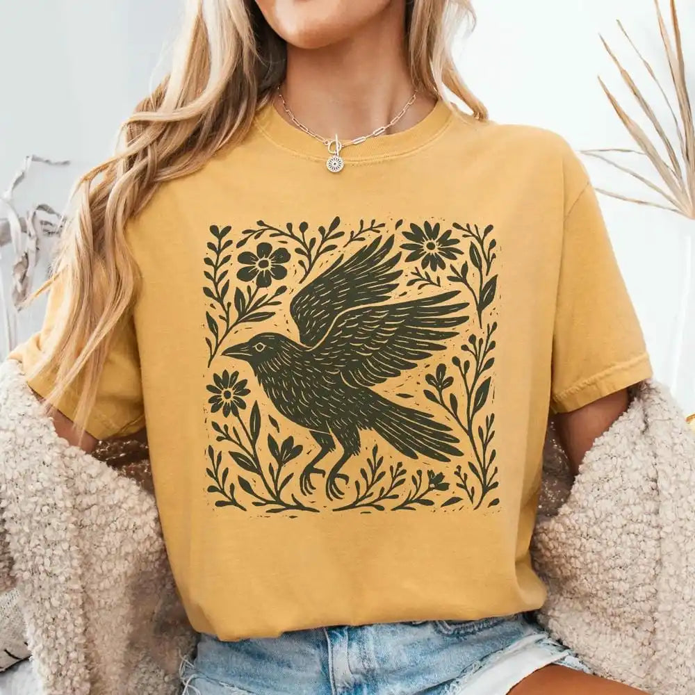 Folklore Crow Lino Print Cotton T-Shirt Folk Art Linocut