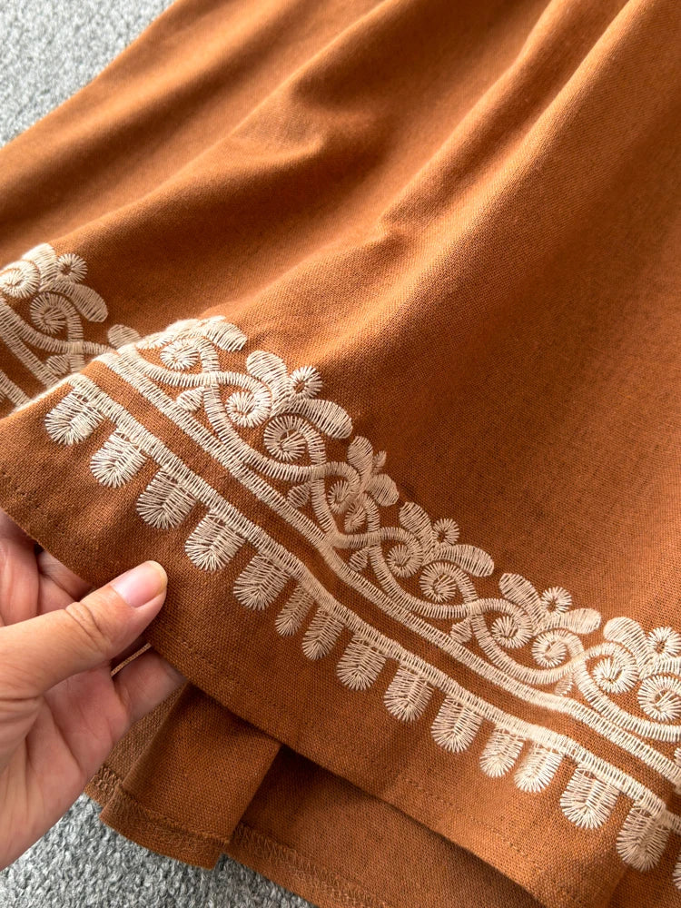 Georgia's Embroidered Boho Cotton Linen Long Sleeves Mini Dress
