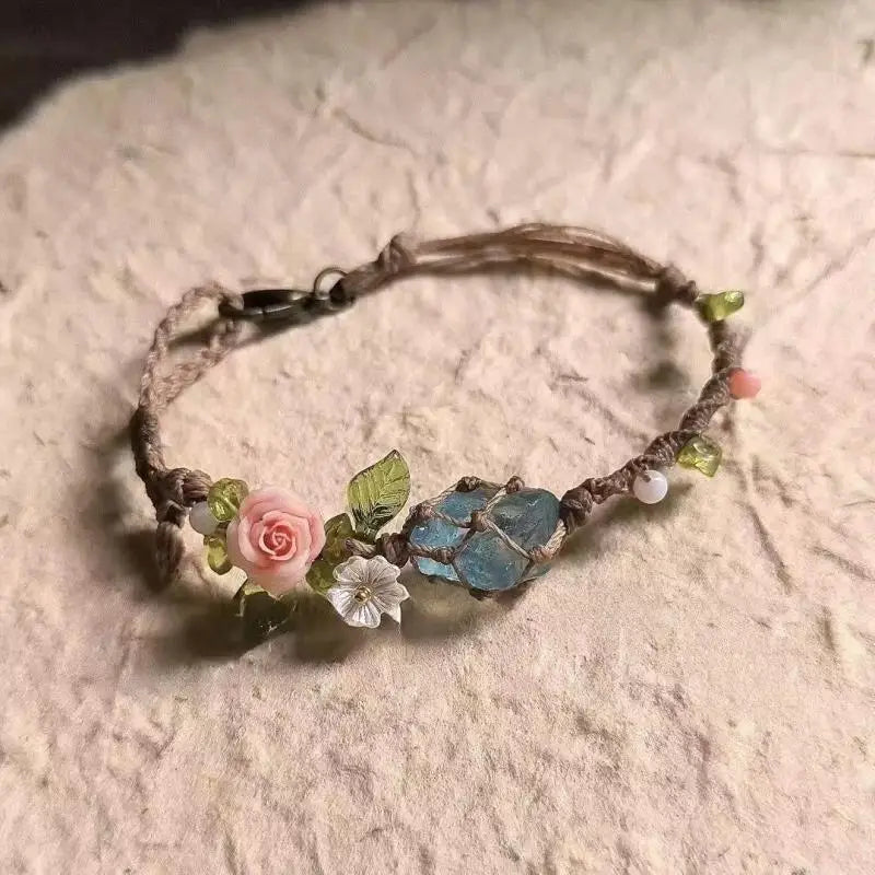 Natural Rose Quartz Aquamarine Stone Beaded Handmade Bracelet Adjustable Rope