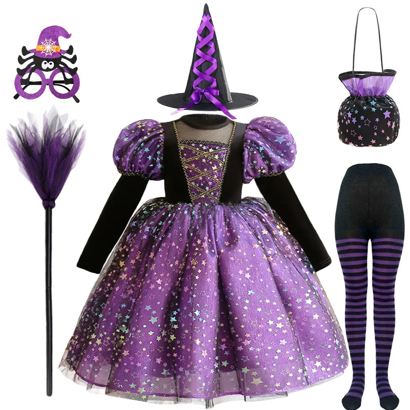 Purple Witch Girls Halloween Costume Star Tulle Party Dresses with Props
