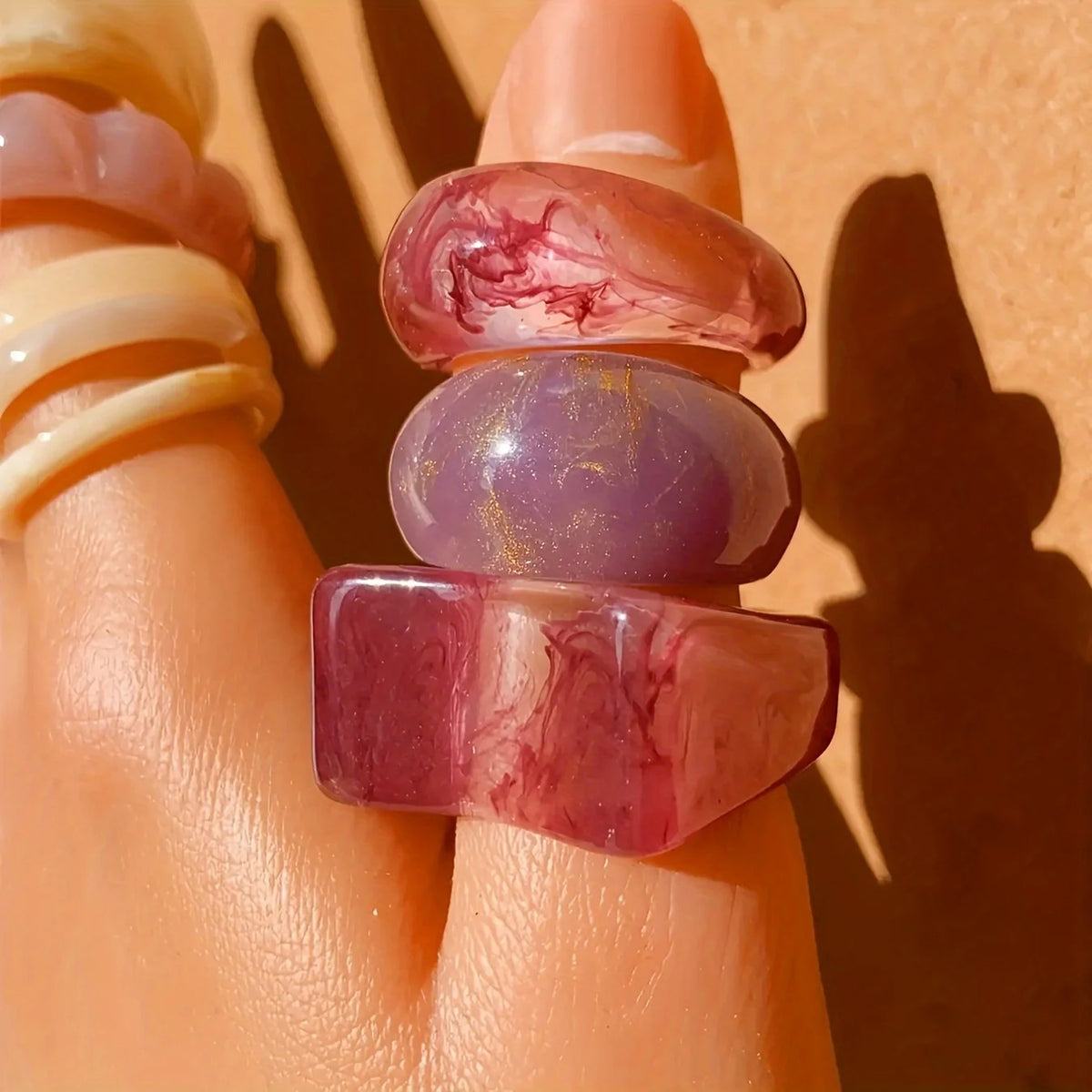 Set of 25 Vintage Bohemian Style Rings Acrylic Resin Gold Foil Ring Set