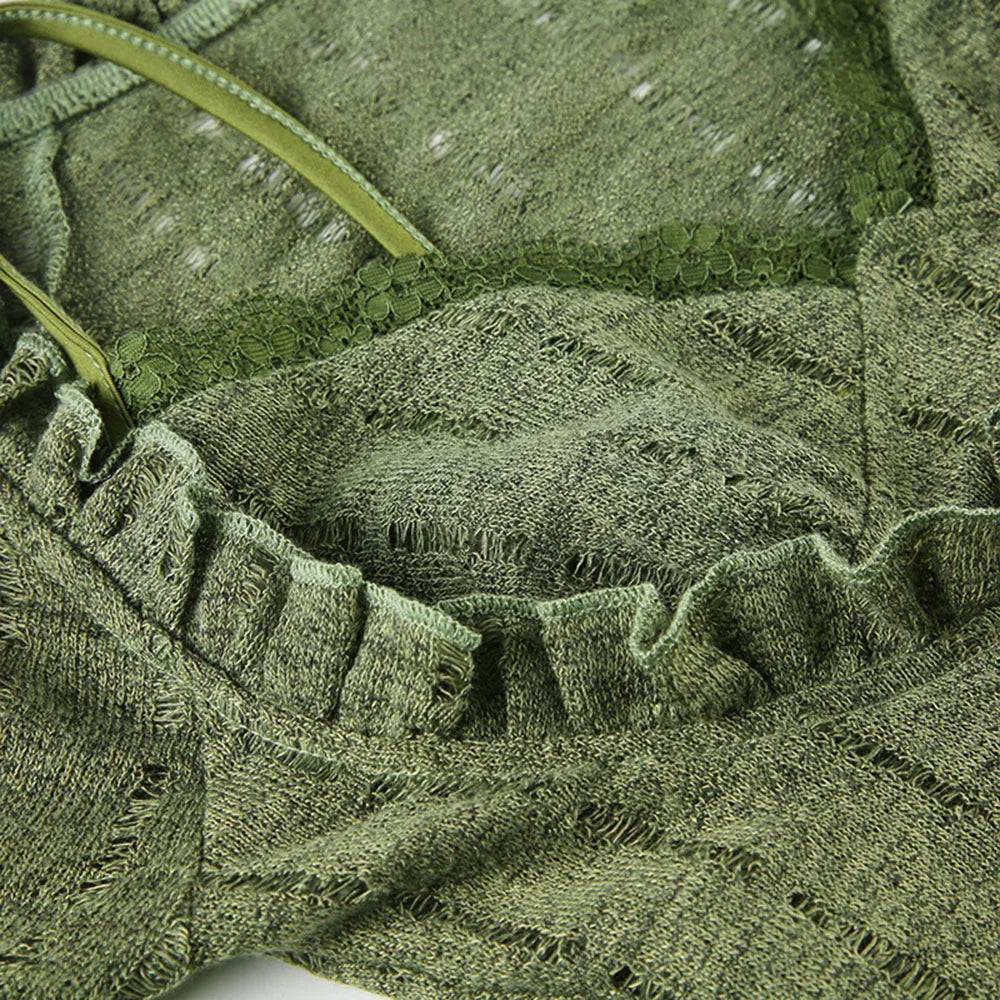Y2k Dark Green Long Sleeved Ruffle Top Matching Skirt Goblincore