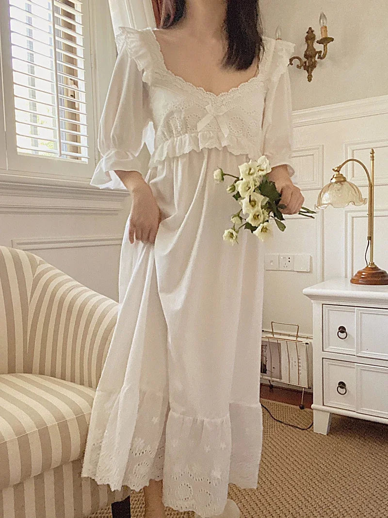 Summer Cotton Women's Sleepwear Antique French Style Lace Nightgown Nightdress