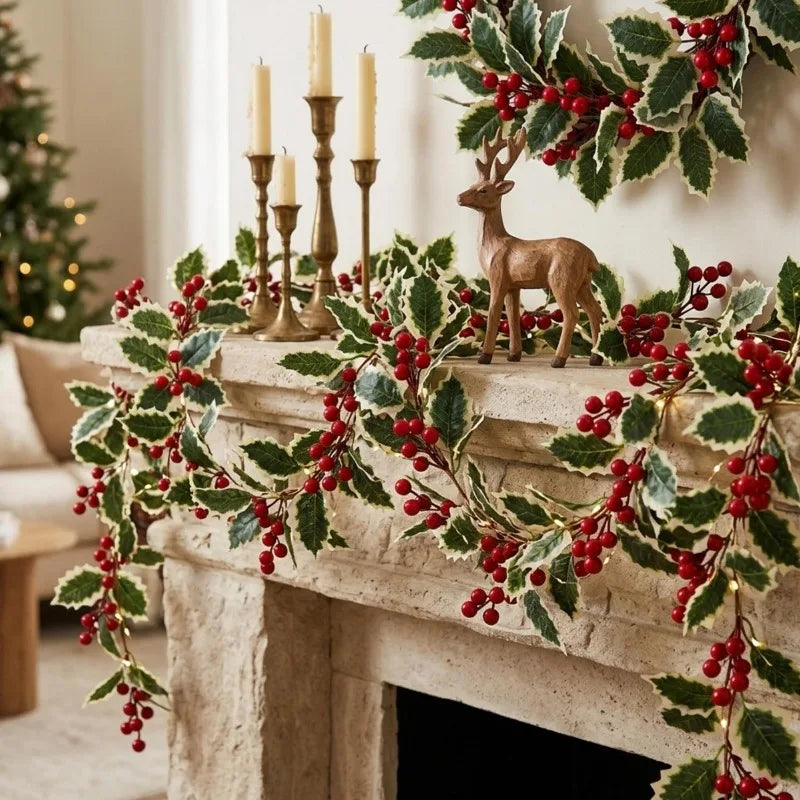 Christmas Garland Artificial Red Holly Berry Vine Xmas Tree Hanging Decoration