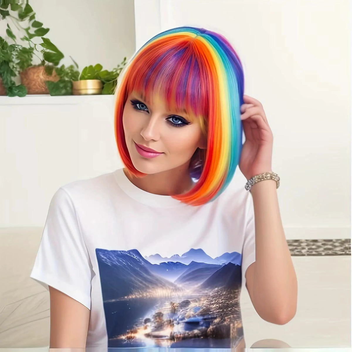 Synthetic Party Wigs Colourful Rainbow Bob with Bangs Hairstyle Halloween Cosplay