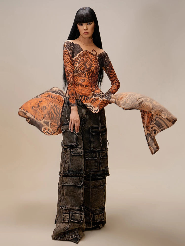 Tiger Print Mesh Dress Long Top Waist High Splits High Elasticity