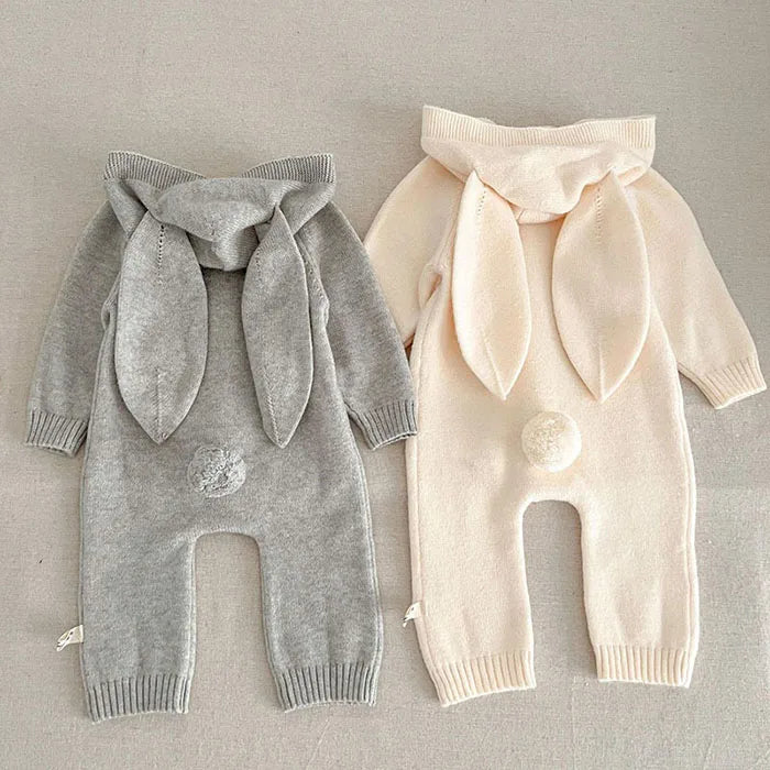 Baby and Toddler Knitted Romper Bear Bunny Ear Hooded Jumpsuits for Boys Girls
