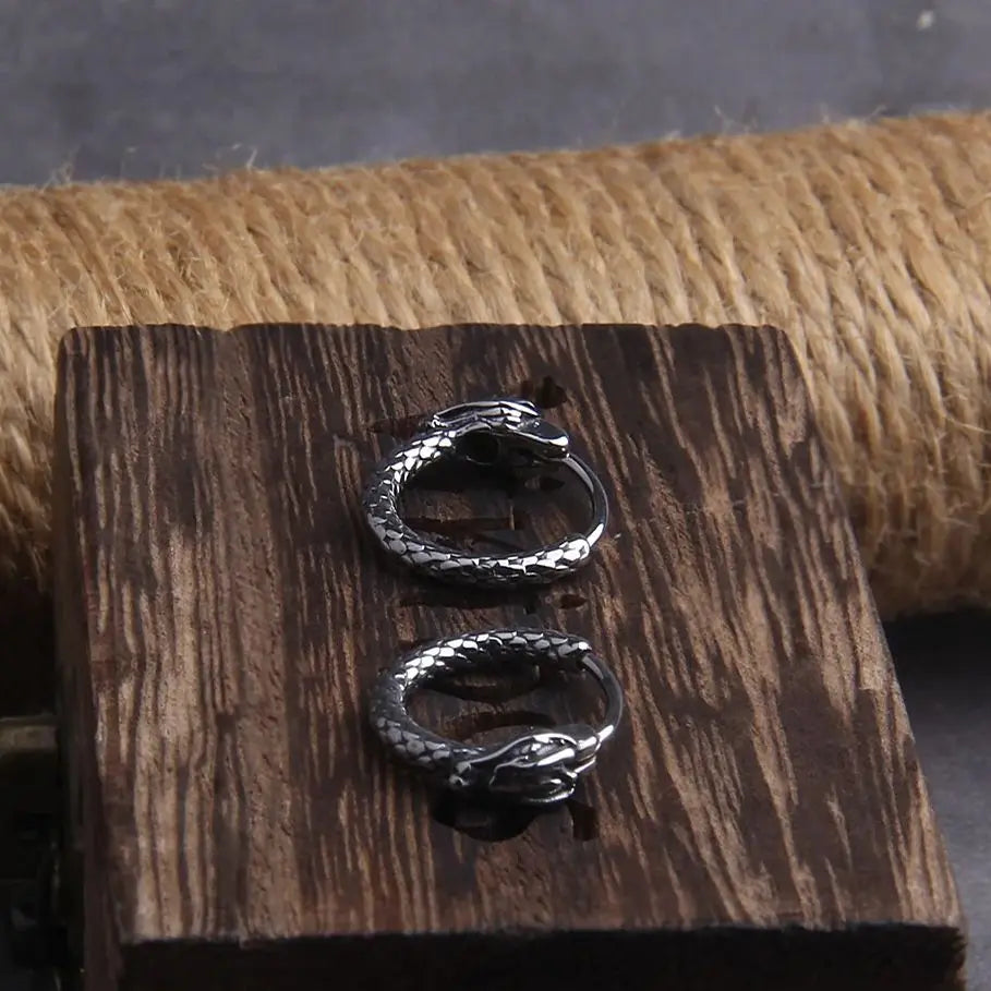 Viking Dragon Head Huggie Stainless Steel Men Hoop Earrings with Wooden Box