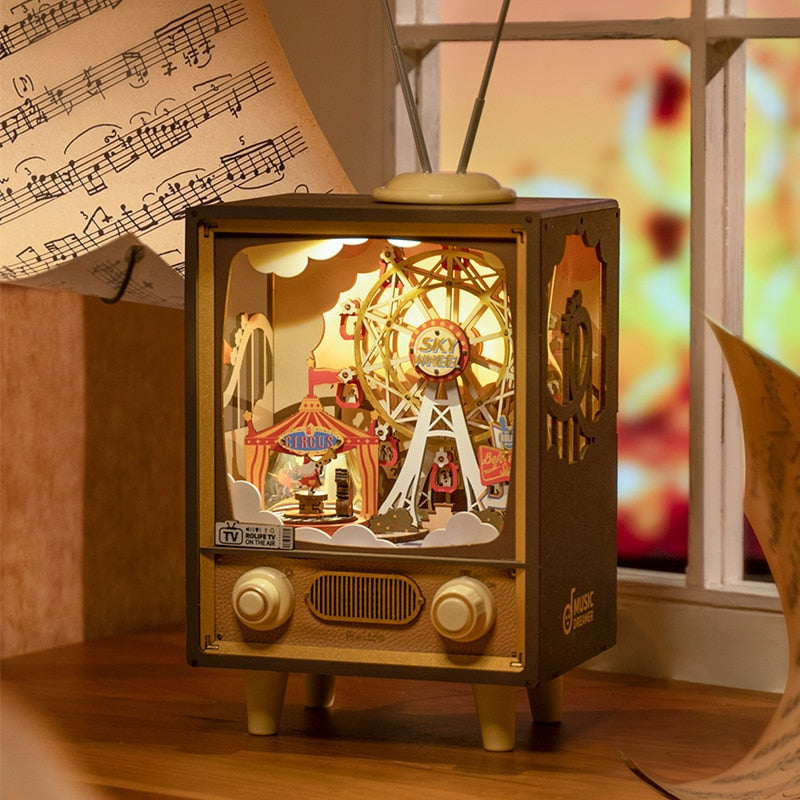 Sunset Carnival Retro TV Music Boxes with Lights 3D Wooden DIY Model Kit Puzzle Toys