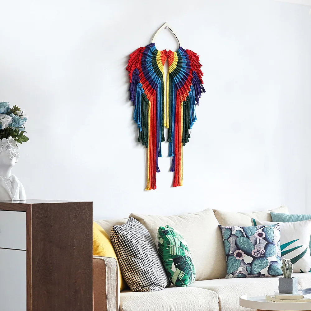 Rainbow Macrame Wings Colourful Angel Handwoven Tapestry Wall Hanging for Home Decor