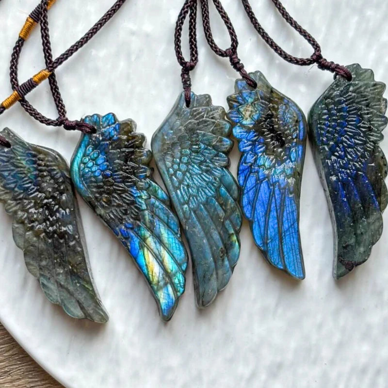 Labradorite Wing Pendant Necklace Adjustable Braided Cord Natural Iridescent Stone