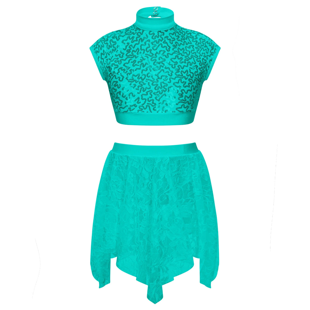 Sequins Ballet Dance Set Girls Crop Top Skirted Shorts Stage Dance Costumes
