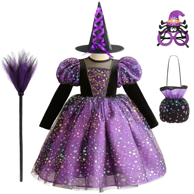 Purple Witch Girls Halloween Costume Star Tulle Party Dresses with Props
