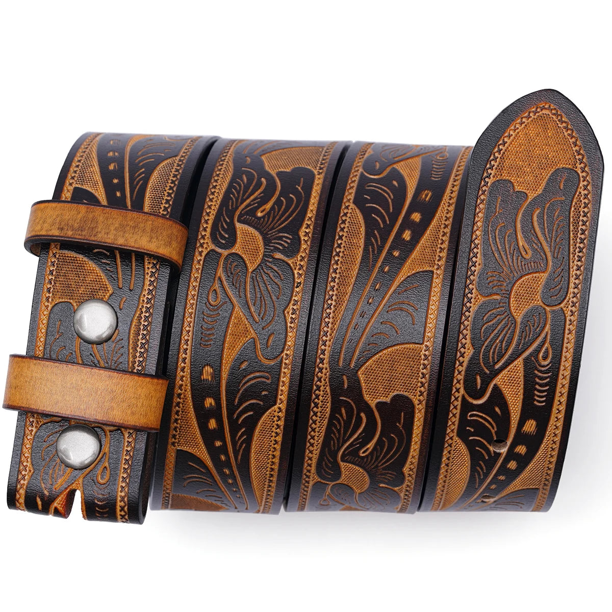 Genuine Leather Vintage Belt No Buckle Embossed Cowhide Strap Western Cowboy Belts
