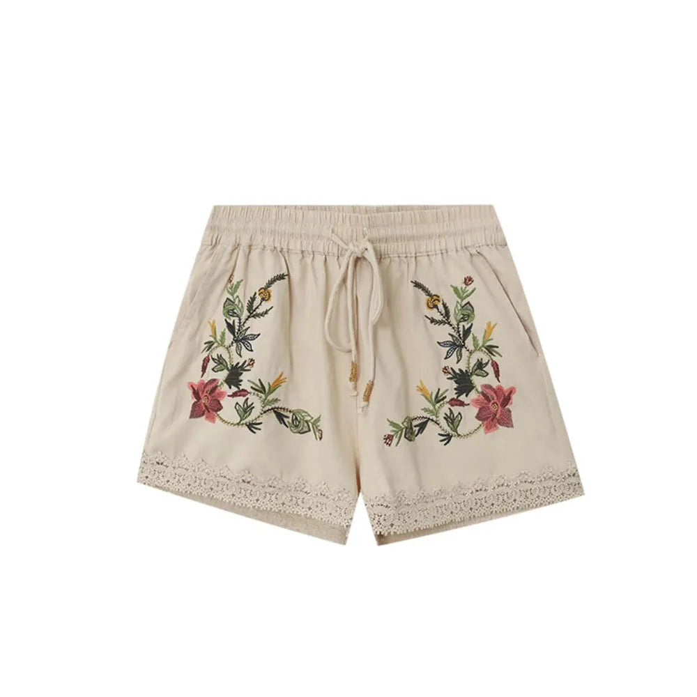 Terra's Boho Summer Cotton Linen Short Sets Camis Top Floral Folk Style Embroidery