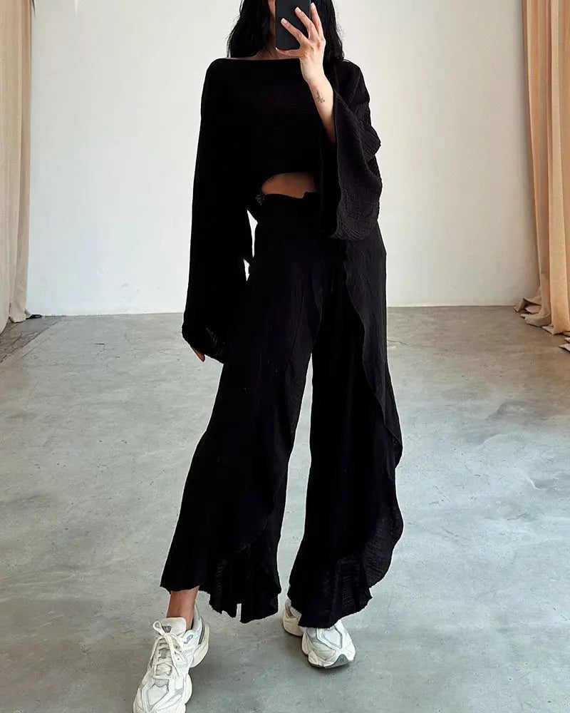 Marney's Summer Fishermans Pants Sets Cotton Linen Cropped Top And Slit Wide Leg Pants