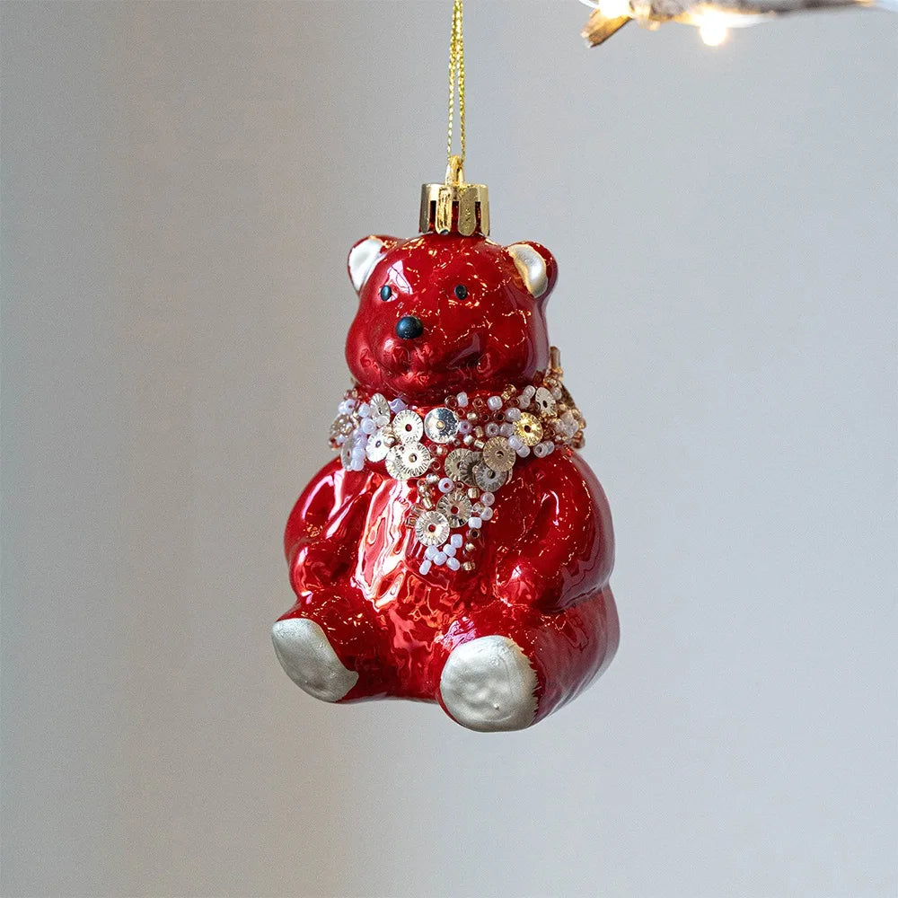 Red Christmas Tree Ornaments Shatterproof Plastic Glitter Little Bear Balls Acorn