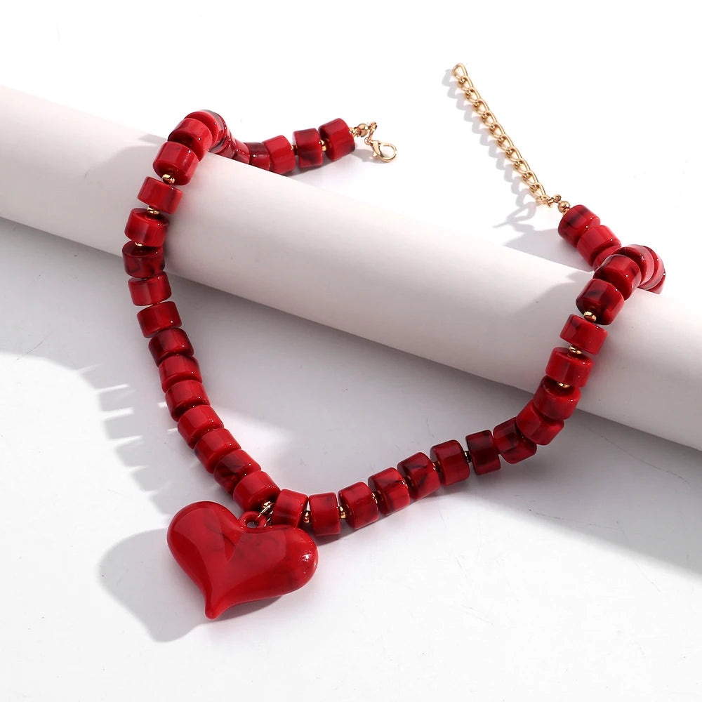 Chunky Acrylic Heart Pendant Beaded Choker Necklaces