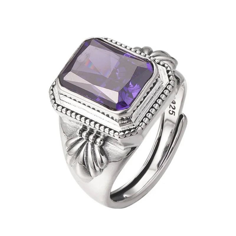 Maga's Portal Key S925 Sterling Silver Diamond Ring Square Natural Amethyst