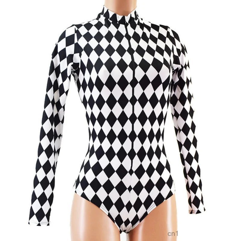 Black White Argyle Print Long Sleeve Bodysuit Retro Cosplay High Neck Swimsuit Music Club Party Performance Costume