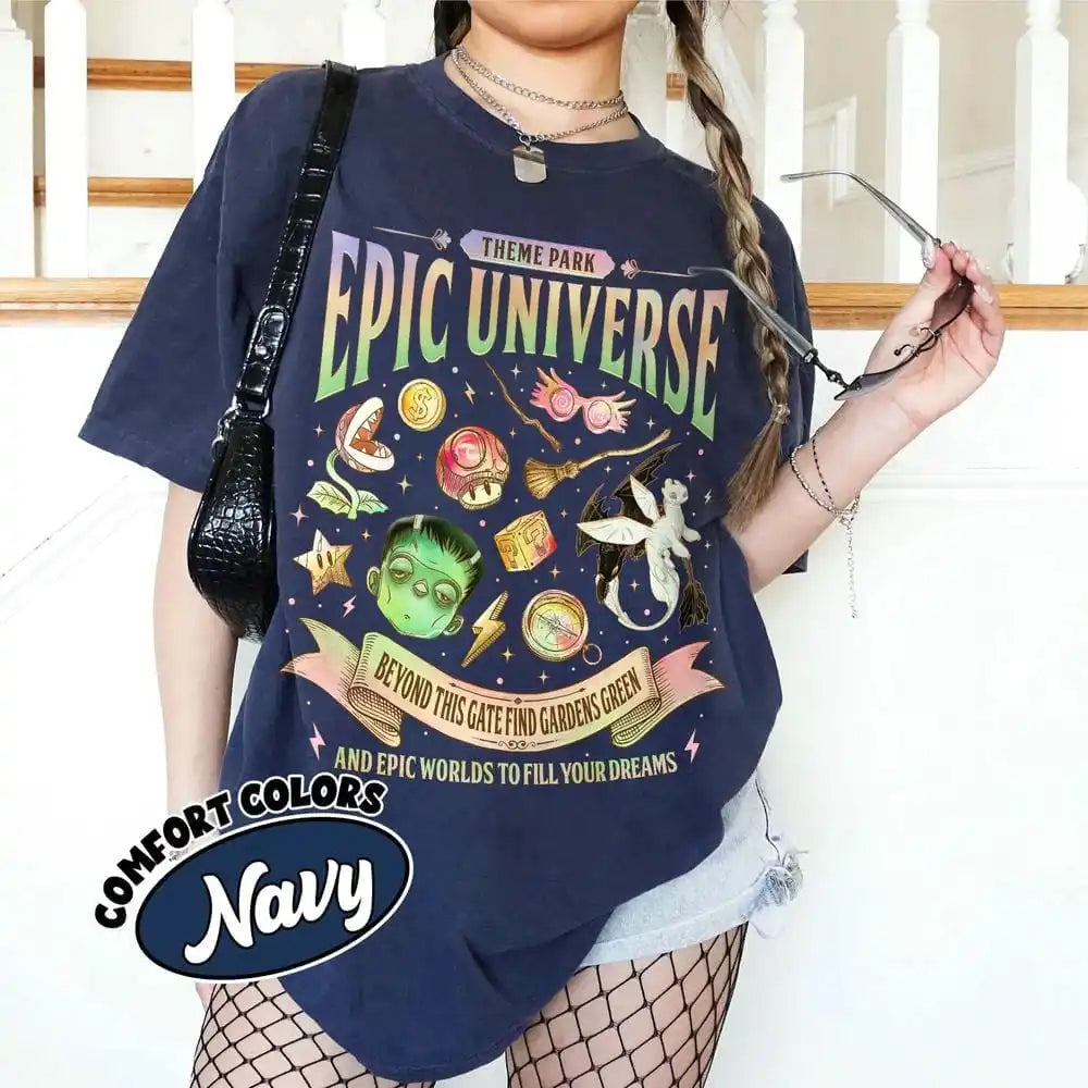 Epic Universe Unisex Tee Cotton T-Shirt Fantasy Family Theme Park Trip Orlando Park