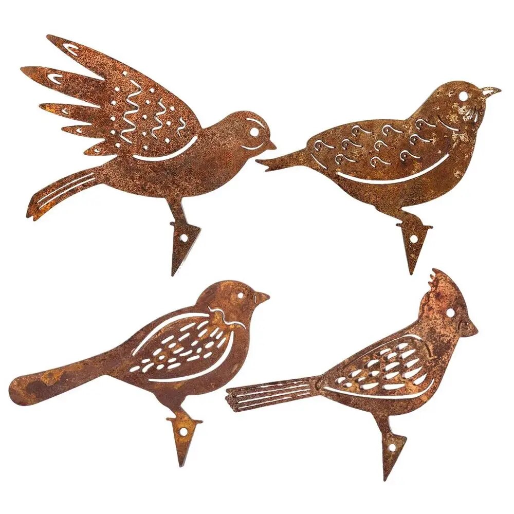 Set of Four Rusty Metal Bird Silhouettes Garden Fence Decor
