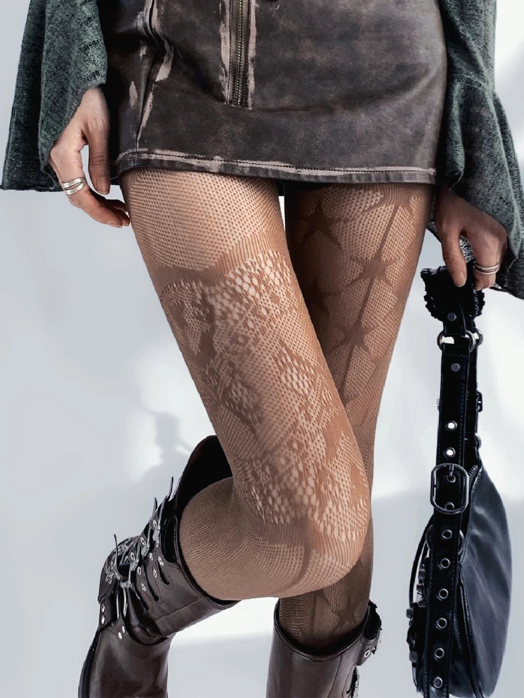 AB Design Coffee Tights Punk Fishnet Stockings Gothic Lolita Lace Five-pointed Star Print Mesh Pantyhose