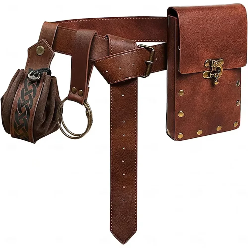 5Pcs/Set Medieval Faux Leather Belt Waist Bag Renaissance Steampunk Cosplay Accessories Set 