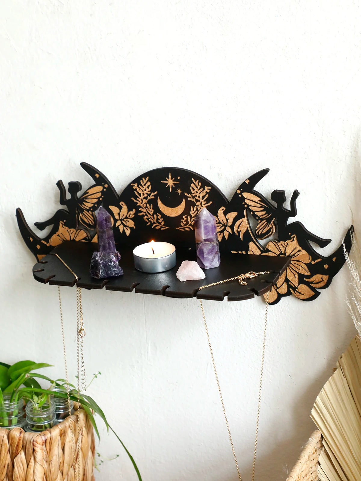 Moon Fairy Flowers Wooden Crystal Floating Shelf Jewellery Display