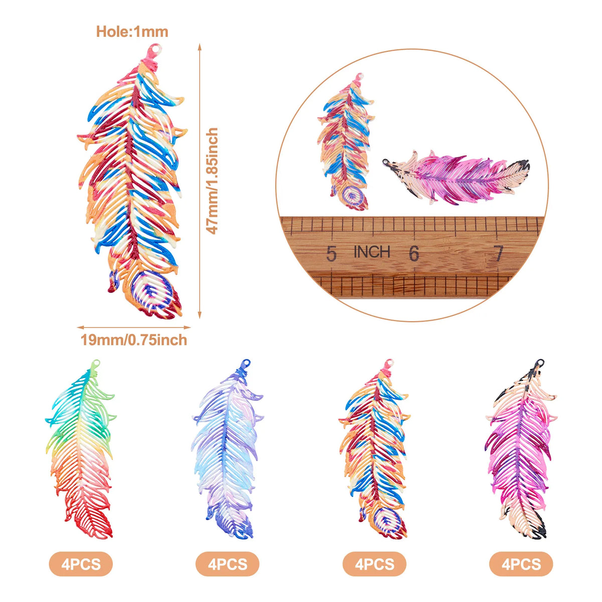 16Pcs Feather Charms Spray Painted 430 Stainless Steel Etched Metal for DIY Jewellery Making