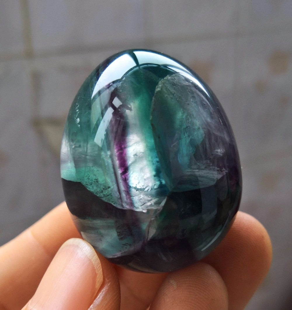 48mm Natural Polished Stone Green Purple Fluorite Quartz Crystal Egg + Base