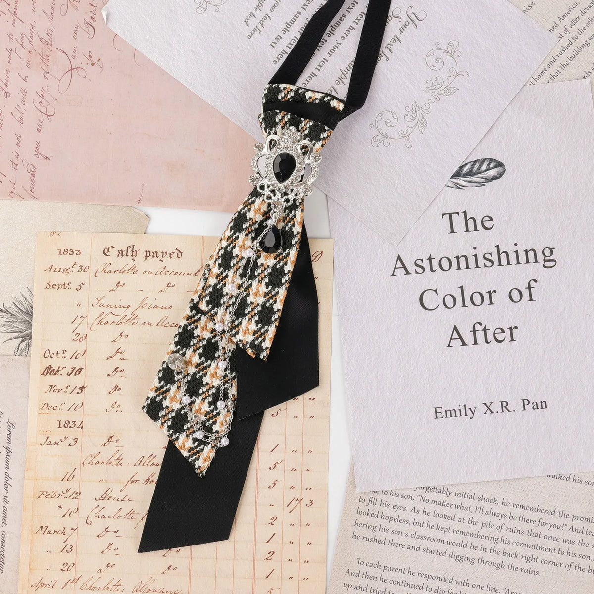 Dark Academia Jabot Plaid Short Necktie Rhinestone Brooch Pearl Chain