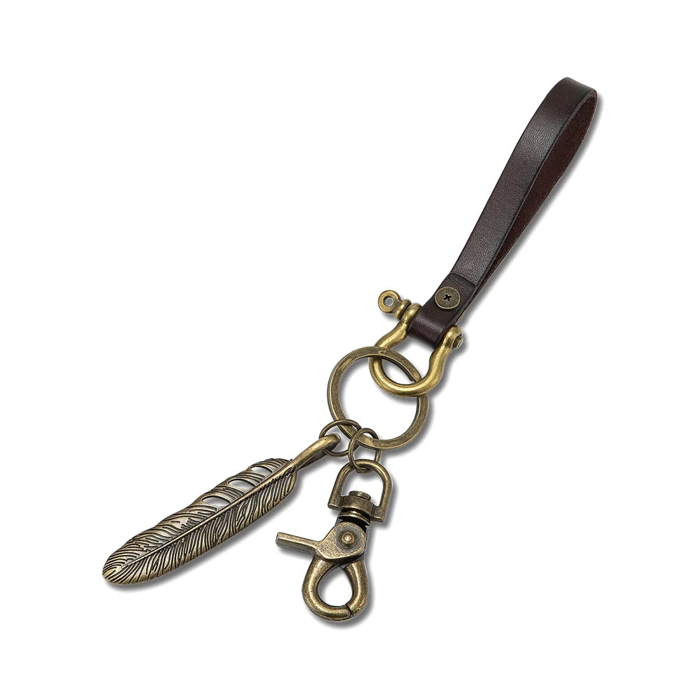 Handmade Leather Keychain Brass D-Shape Shackle Feather Charms Keyring