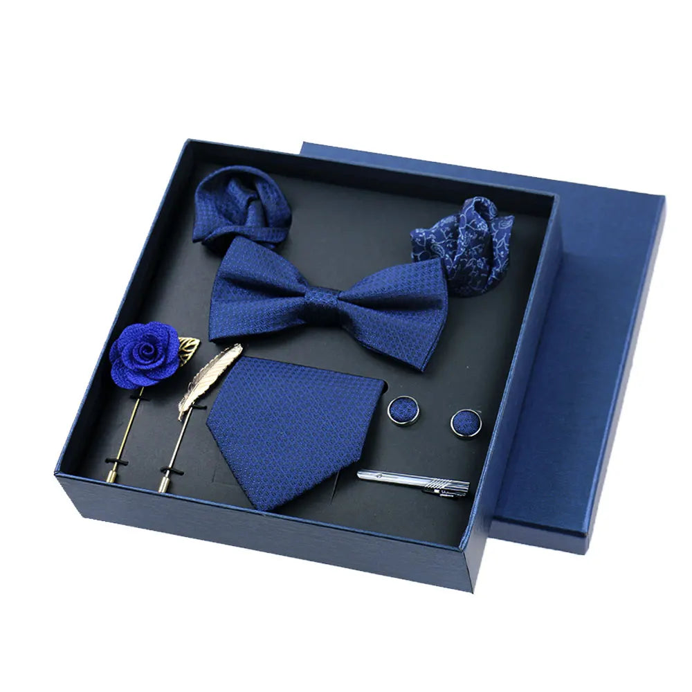 Men's 8pcs Tie Set Wedding Cravat Silk Bowtie Pocket Square Cufflinks Brooch Box Set Gifts For Men