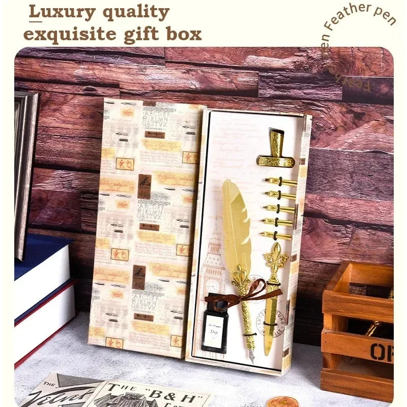 Golden Feather Quill Pens Set Dip Fountain Pens Ink Stationery Writing Gift Box Sets
